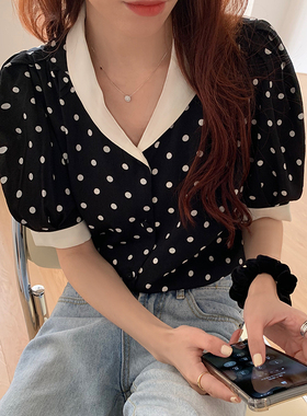 韩国chic夏季减龄百搭撞色小翻领设计感小众短袖波点衬衫上衣女