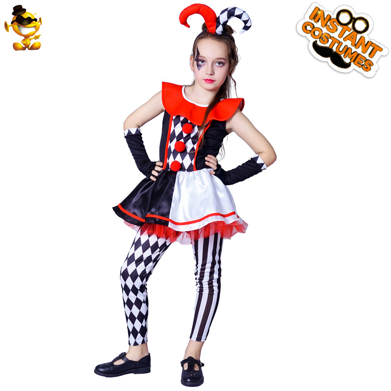 儿童女款格子小丑万圣节服装 恶魔牛角裙表演服cosplay派对服饰