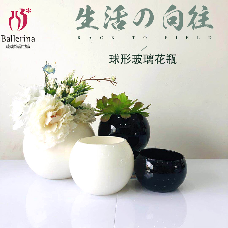 简约黑白色圆形玻璃花瓶圆球形花器花瓶现代家居客厅餐桌摆件花盆