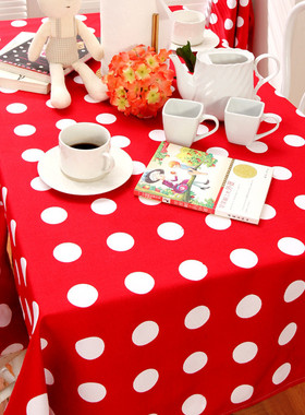 简约红色波点棉麻桌布台布 长方形餐桌布小清新茶几现代ins