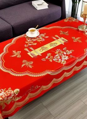 红色烫金茶几桌布防水防油防烫免洗PVC不透明长方形喜庆新款2023