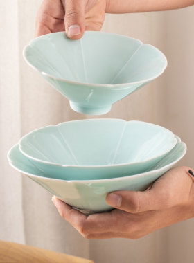 复古斗笠碗家用米饭碗高级感中式8英寸陶瓷面碗菜碗青瓷餐具商用