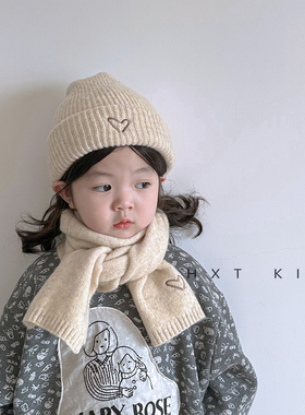 儿童帽子围巾二件套冬天洋气爱心毛线帽男童女童宝宝冬天保暖套装
