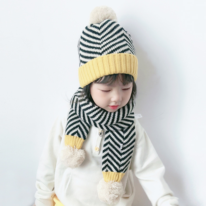 秋冬季儿童帽子围巾套装宝宝毛线帽男女童条纹保暖帽子围巾两件套