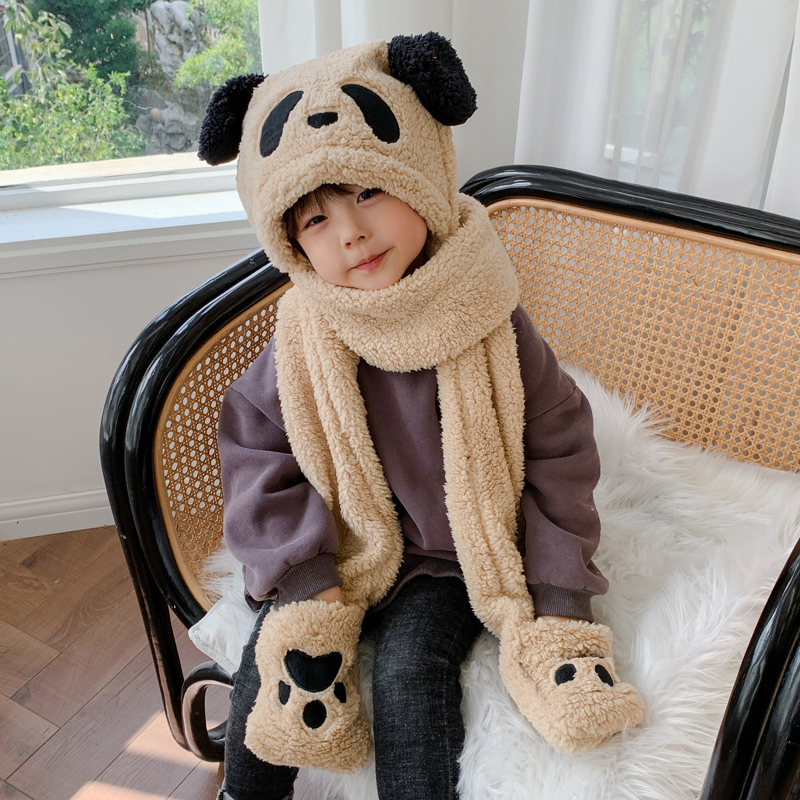 学生加厚保暖可爱熊猫耳朵会动亲子帽子手套围巾三件一体男女童冬