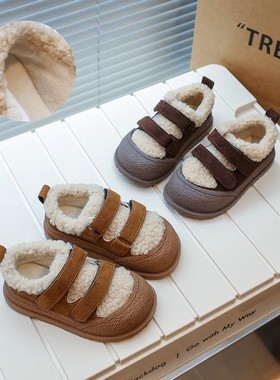 韩版女童棉鞋2023冬季新款羊羔毛加绒加厚魔术贴男童休闲勃肯鞋潮