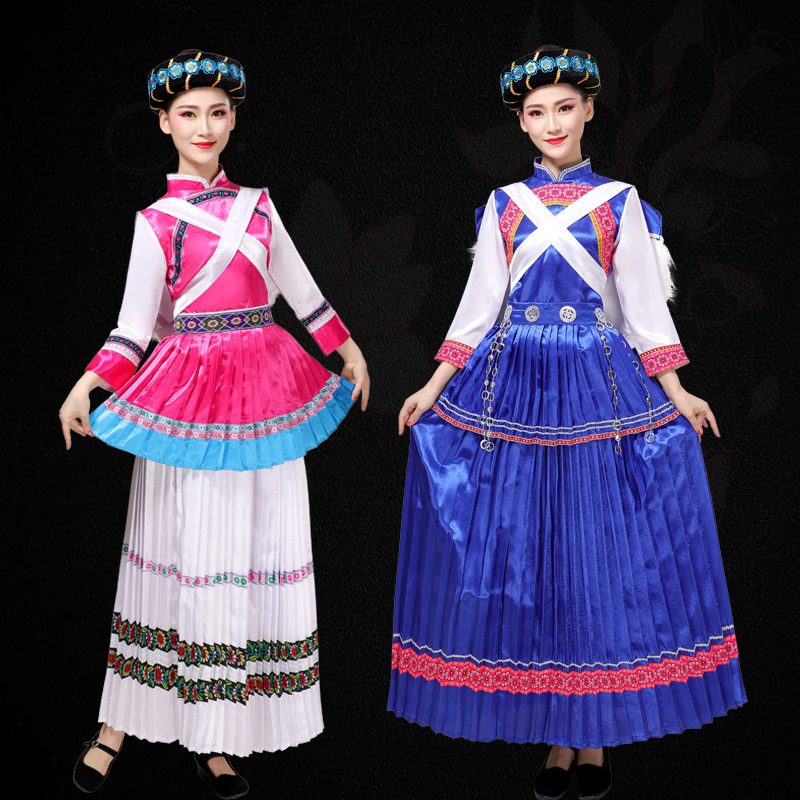 新款名族特色服装女成人云南纳西族演出服少数民族舞蹈服饰长裙夏