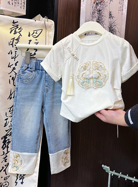 尤画2024设计师原创夏季新款简约夏装刺绣T恤中国风古风男童汉服