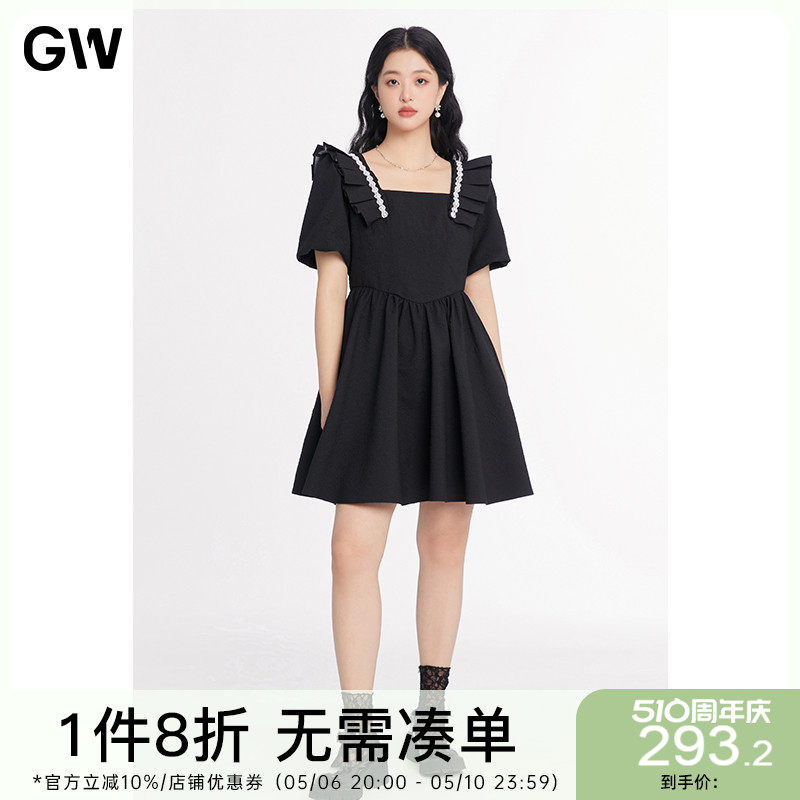 GW大码女装赫本风方领连衣裙2024夏季新款长袖微胖mm显瘦遮肉裙子