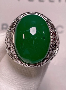 天然祖母绿玉髓玛瑙戒指绿宝石翡翠色银镶嵌复古霸气男士活口指环