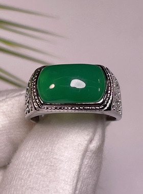 天然绿玉髓玛瑙男士马鞍戒指祖母绿活口银镶嵌冰种绿宝石指环礼