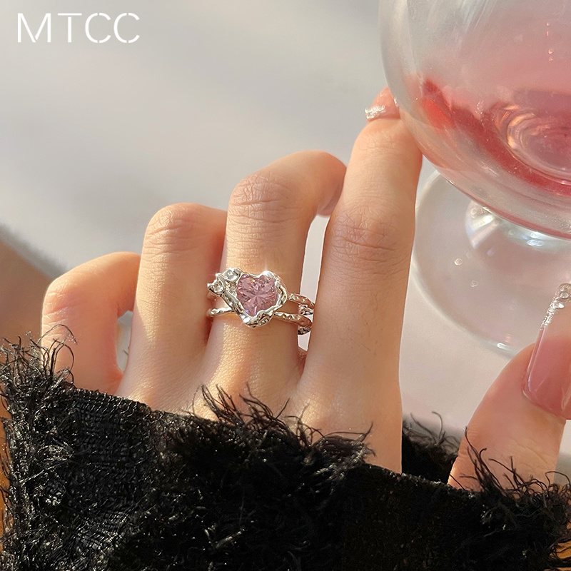 不规则粉宝石创意爱心戒指女开口设计新款潮小众指环冷淡风手饰品