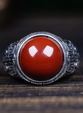 天然南红玛瑙满肉红宝石男士银戒指复古做旧男女开口指环时尚礼物
