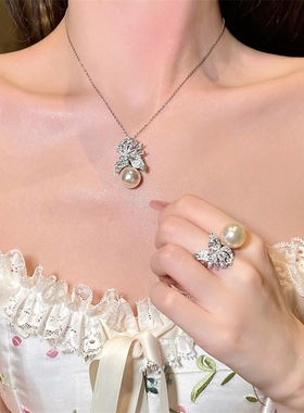 欧美复古大珍珠 巴洛克高级感轻奢锆石微镶宝石花朵耳钉项链戒指