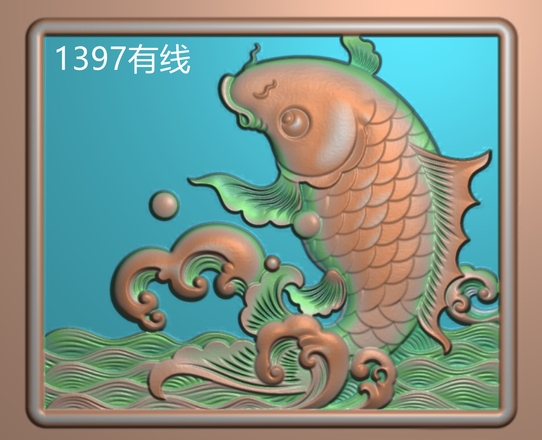 鲤鱼跃龙门背板精雕图 鲤鱼浪花 方形浮雕图 玉雕图 灰度图1379