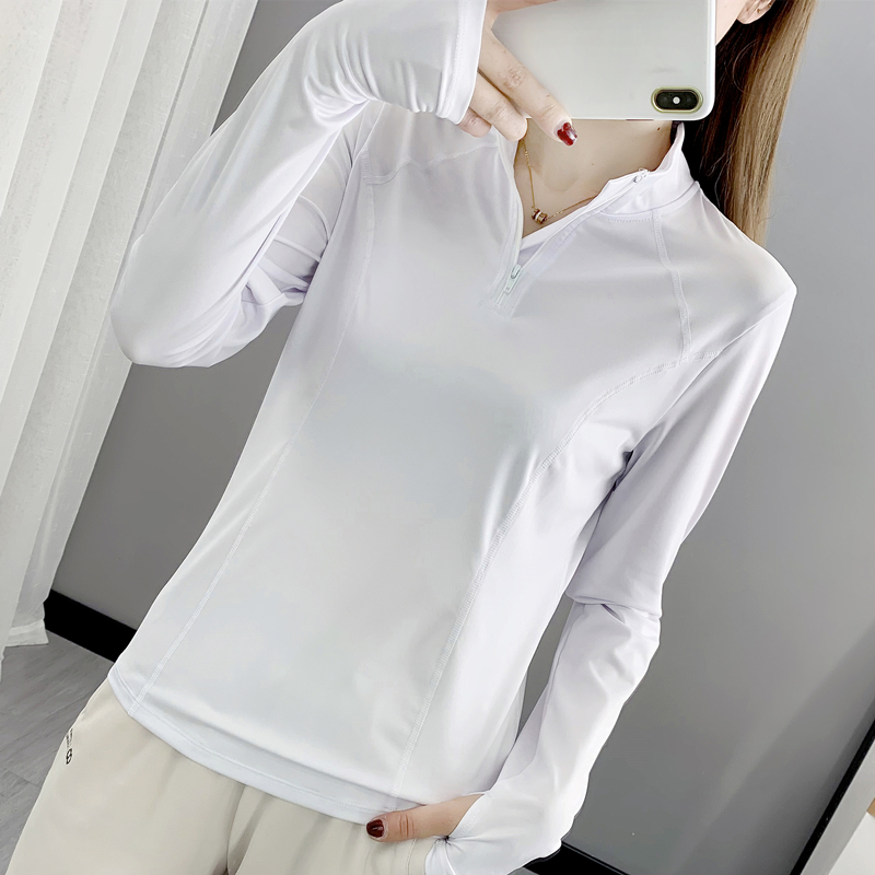 健身瑜伽服女运动T恤白色显瘦跑步长袖上衣立领套头衫薄款速干衣