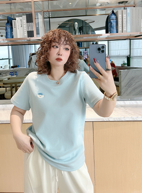 韩版设计感休闲短袖大码女装200斤胖mm小众减龄正肩简约百搭潮T恤