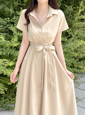 法式气质衬衫式连衣裙女夏季简约高级感系带收腰显瘦短袖长裙子