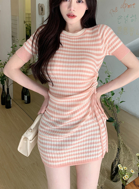 夏季女装韩版批新款发减龄短袖修身显瘦绑带条纹针织短款连衣裙潮