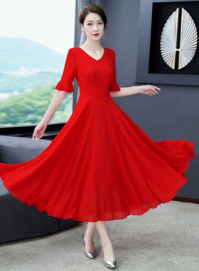 大红色短袖雪纺连衣裙长款2024年春夏新款收腰显瘦跳广场舞长裙子
