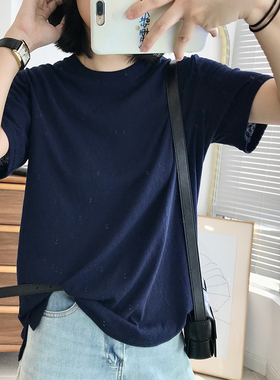 夏季透气短袖亚麻T恤女2024年新款宽松韩版纯色百搭圆领薄款上衣