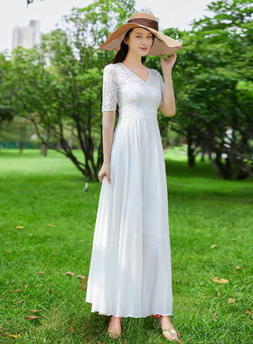 白色雪纺连衣裙超仙2024新款法式显瘦裙子长款蕾丝大摆长裙女夏