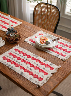 复古法式编织餐垫红色新年喜庆家用西餐垫高级感ins餐垫盖布装饰