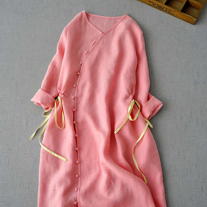 清仓捡漏品质女装亚麻连衣裙文艺复古V领九分袖收腰显瘦粉色长裙