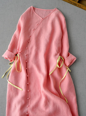 清仓捡漏品质女装亚麻连衣裙文艺复古V领九分袖收腰显瘦粉色长裙