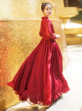 【云中歌】红色连衣裙女夏季2023薄款V领收腰气质长裙旅游拍照裙