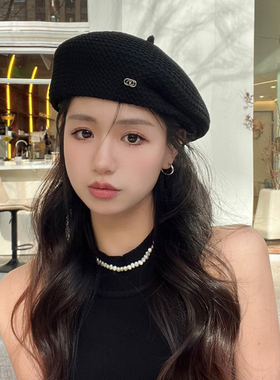 韩版优雅气质黑色贝雷帽女夏季出游百搭时尚镂空透气薄款蓓蕾帽子