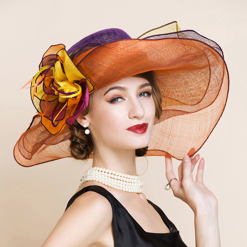 EE 原创设计英式麻纱帽子女 欧美时尚大沿亚麻礼帽英伦三层波浪边