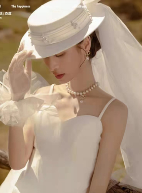 新品法式礼帽头纱复古羊毛呢优雅白色蝴蝶结帽子旅拍轻婚纱配饰品