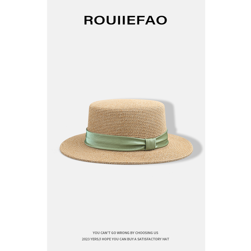 ROUIIEFAO法式复古平顶草帽女夏季海边度假沙滩遮阳帽防晒礼帽子