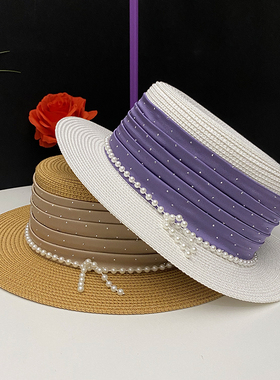 夏季高端绸缎珍珠优雅平顶帽子女波点网红时尚礼帽遮阳防晒帽草帽