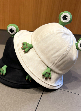 可爱青蛙帽子女春夏季韩版百搭渔夫帽日系学生卡通防晒遮阳帽盆帽