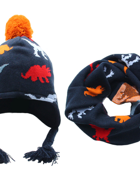 秋冬儿童线帽男童宝宝恐龙保暖护耳帽小童针织毛线帽子围脖两件套