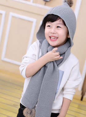 秋冬保暖韩版一体套装男女童宝宝可爱毛球毛线帽子围巾儿童两件套