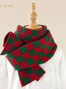 圣诞红绿色棋盘格儿童羊毛围巾冬季男童女童保暖针织毛线格子围脖