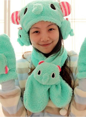 韩国秋冬女保暖毛绒大象帽子围巾手套一体卡通成人儿童口罩耳捂罩