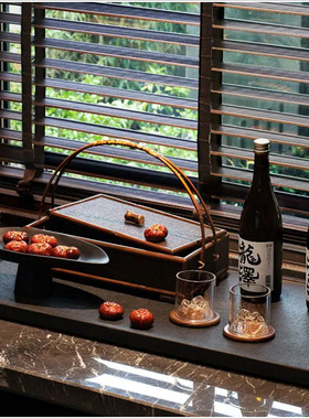 新中式样板间厨房茶艺室软装饰品摆件藤编手提篮茶盘陈列组合