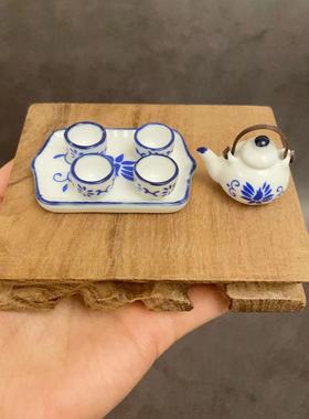 娃娃屋摆件 迷你陶瓷餐具配件 蓝色中式茶壶茶具套装