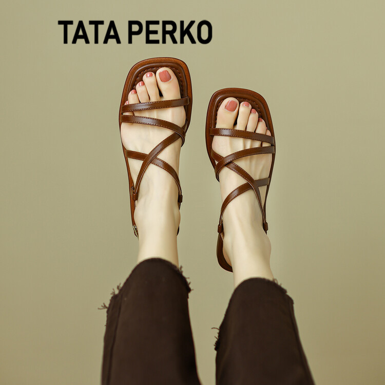 TATA PERKO联名女鞋高级感棕色罗马凉鞋低跟编织真皮镂空舒适女鞋