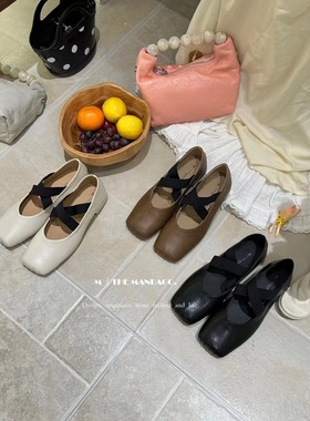 THEMANDAGO芒大果韩系复古方头交叉带低跟芭蕾舞鞋仙女风玛丽珍鞋