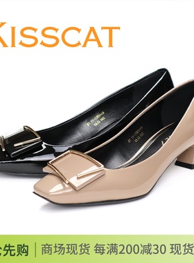 KISSCAT接吻猫2024新款38501正品低跟方头漆牛皮女单鞋KA48501-11