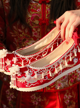 原创明制中式秀禾鞋流苏古风新娘婚鞋绣花红色结婚鞋增高复古汉服