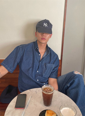 韩国男装代购直播重工水洗复古设计高品轻薄休闲宽松牛仔短袖衬衫