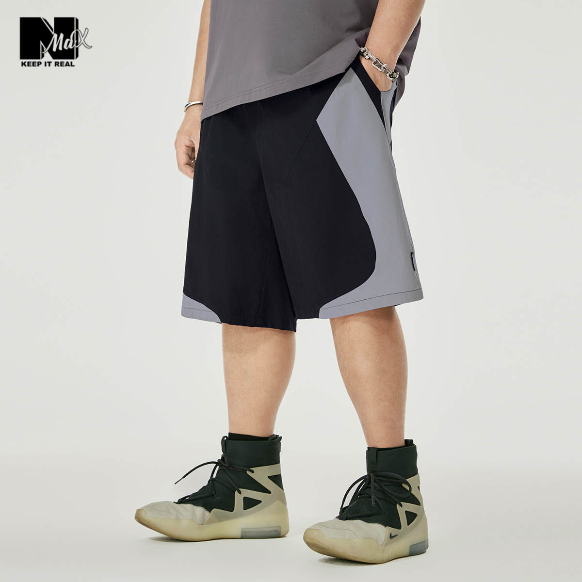 NMAX大码潮牌男装夏季新品透气轻薄五分裤撞色拼接宽松显瘦短裤
