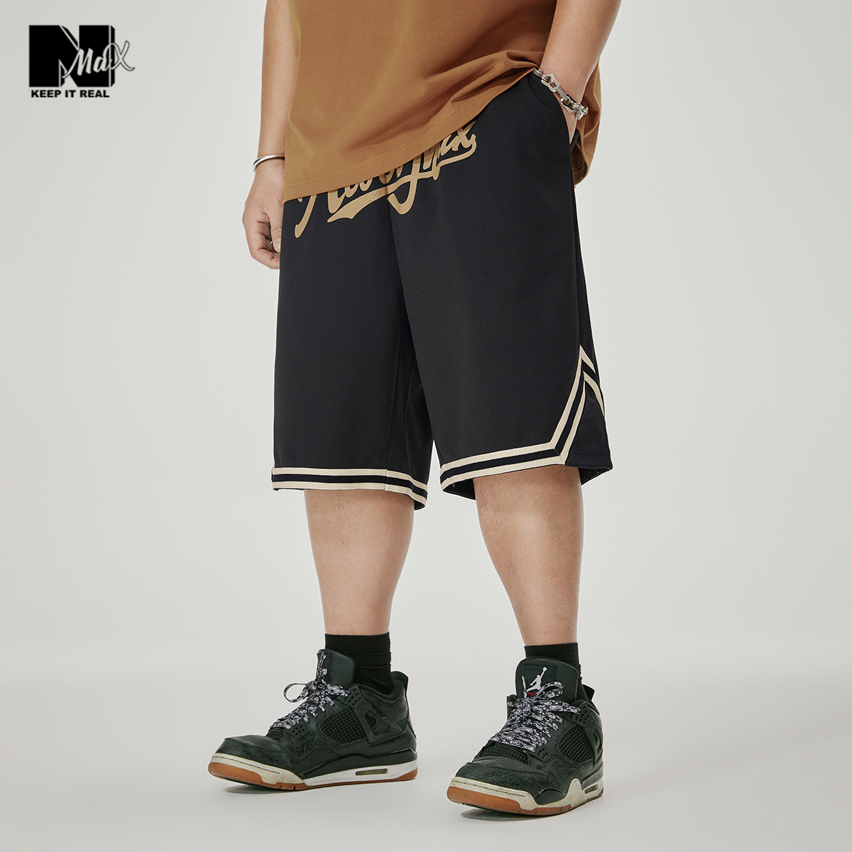 NMAX大码潮牌男装夏季新品网眼透气运动风短裤复古撞色印花篮球裤