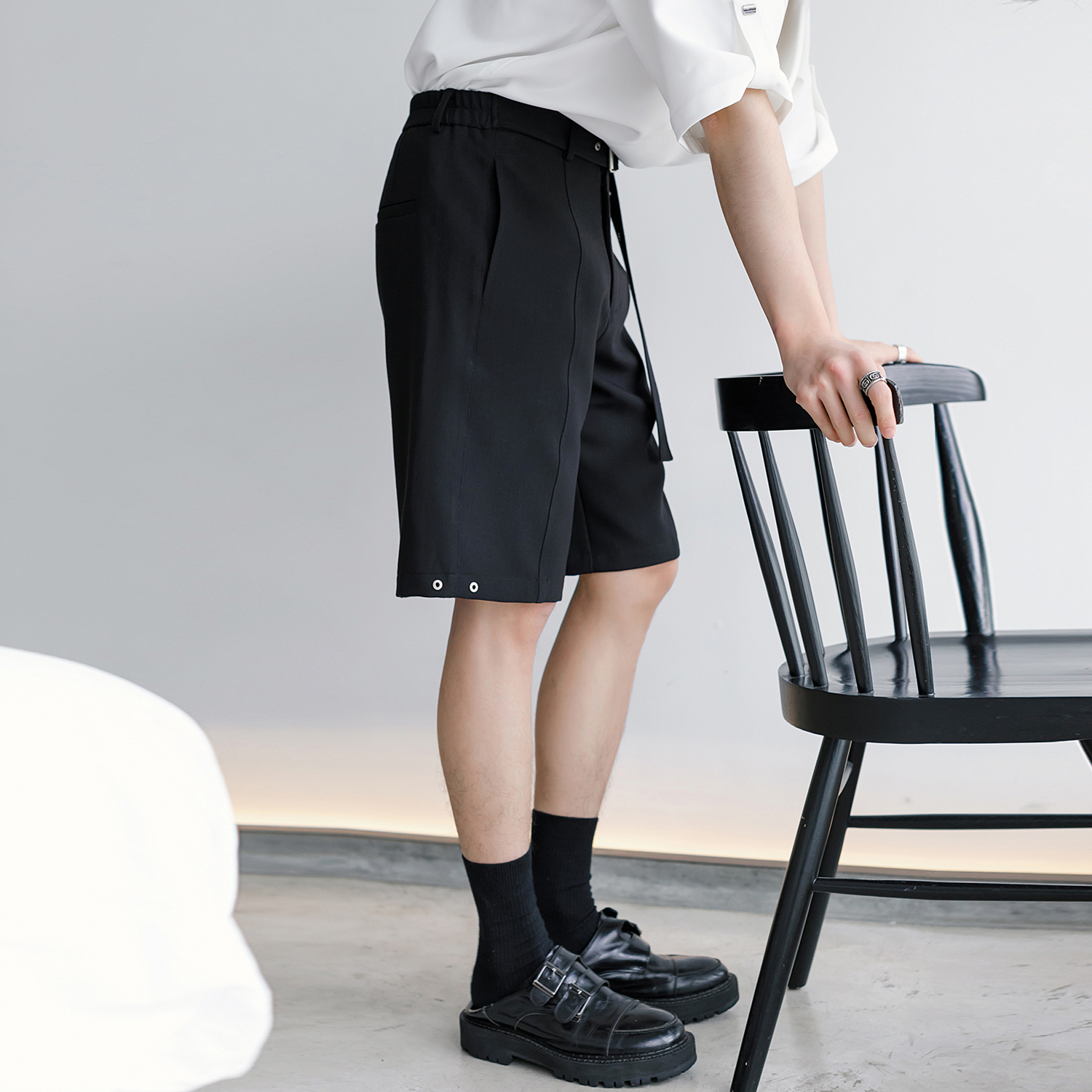 CHICERRO西西里男装夏季休闲高级感直筒五分男士黑色西装短裤子